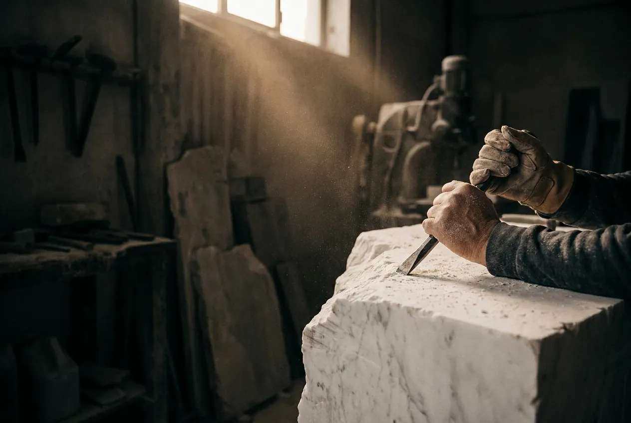 A craftsman working a block of white marble in a dim atelier, stone dust in a shaft of warm light