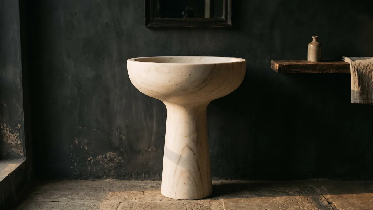 A monolithic pale stone basin carved from a single block, lit low against a dark bathroom wall
