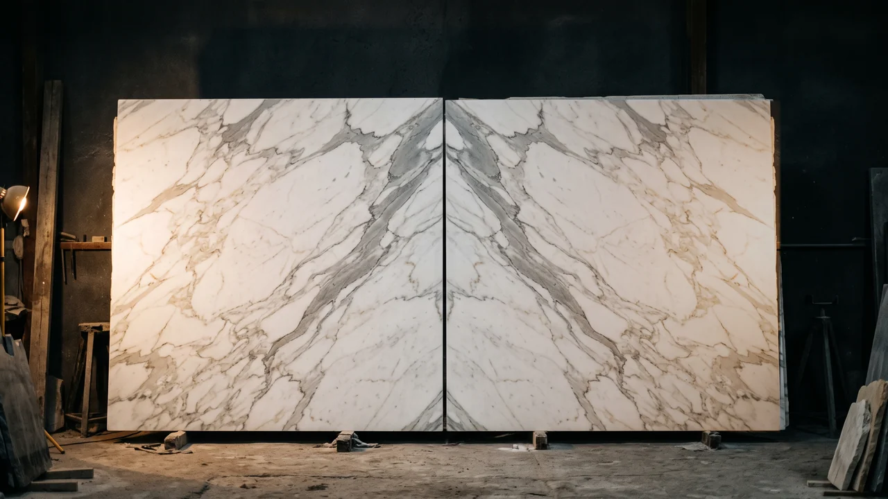 Two white Indian marble slabs stood side by side in a dark atelier, their grey veining mirrored across the central seam
