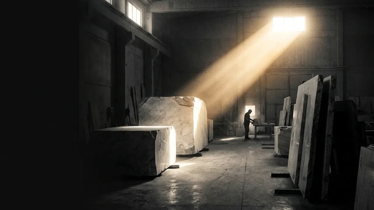 Raw marble blocks in the workshop under a shaft of light