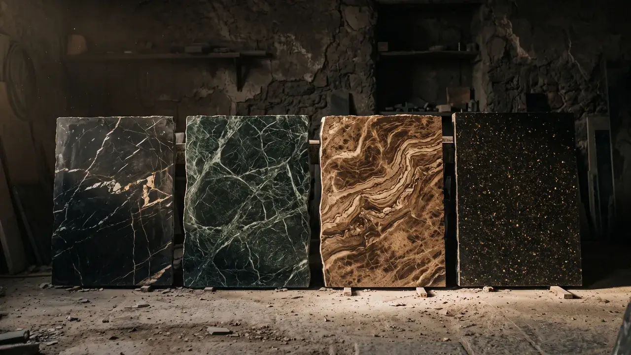 Four dark Indian stone slabs stood against a wall in a dim atelier — black marble with fine white veining, deep green marble, a swirled brown stone and a speckled black granite