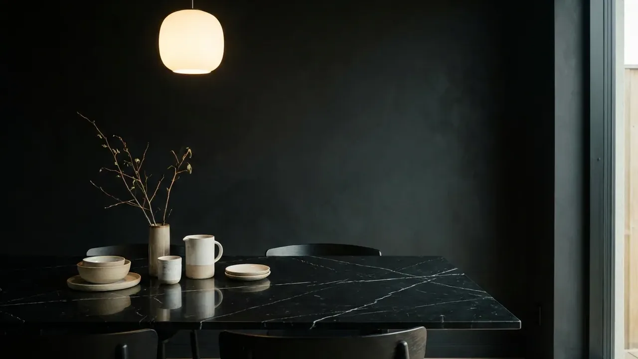 Black marble dining table laid with everyday crockery in a dark room
