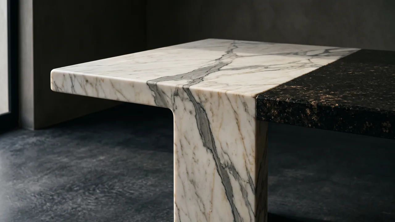 A dark, grained stone surface beside pale veined marble in low light