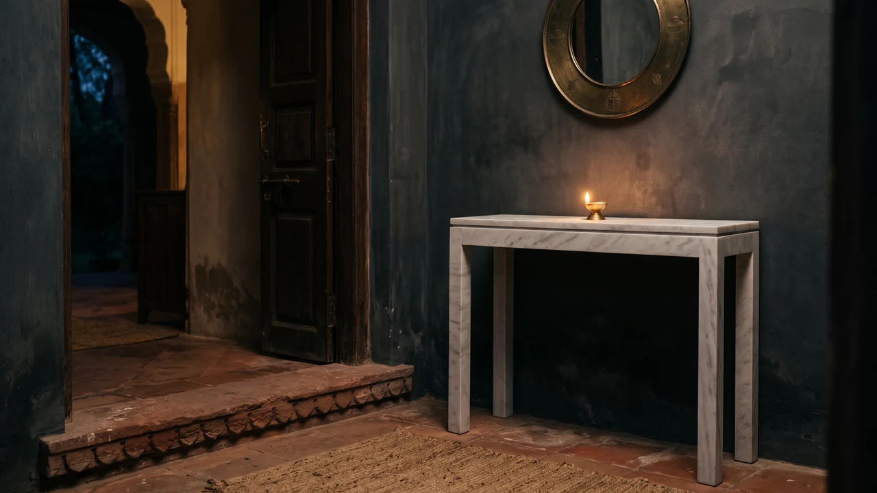 A carved stone threshold and pale marble console lit low in a dark Indian entrance hall