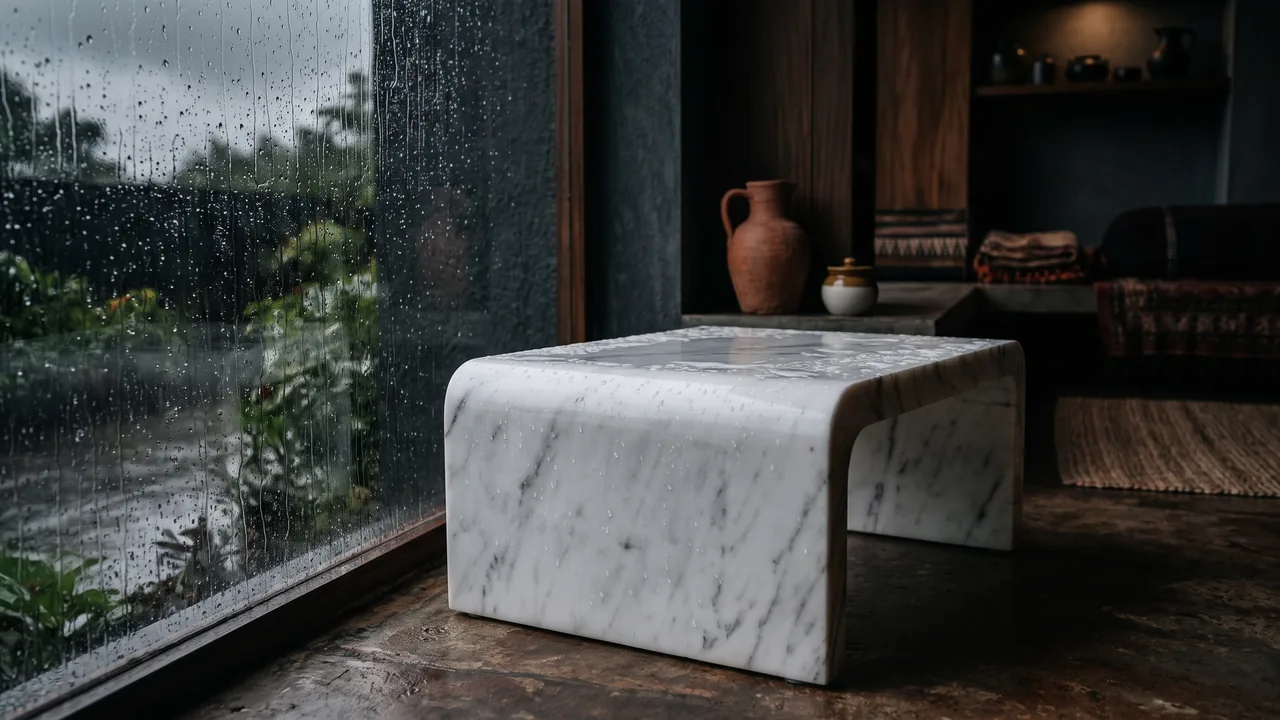 A monolithic white marble table indoors beside a large window streaked with monsoon rain