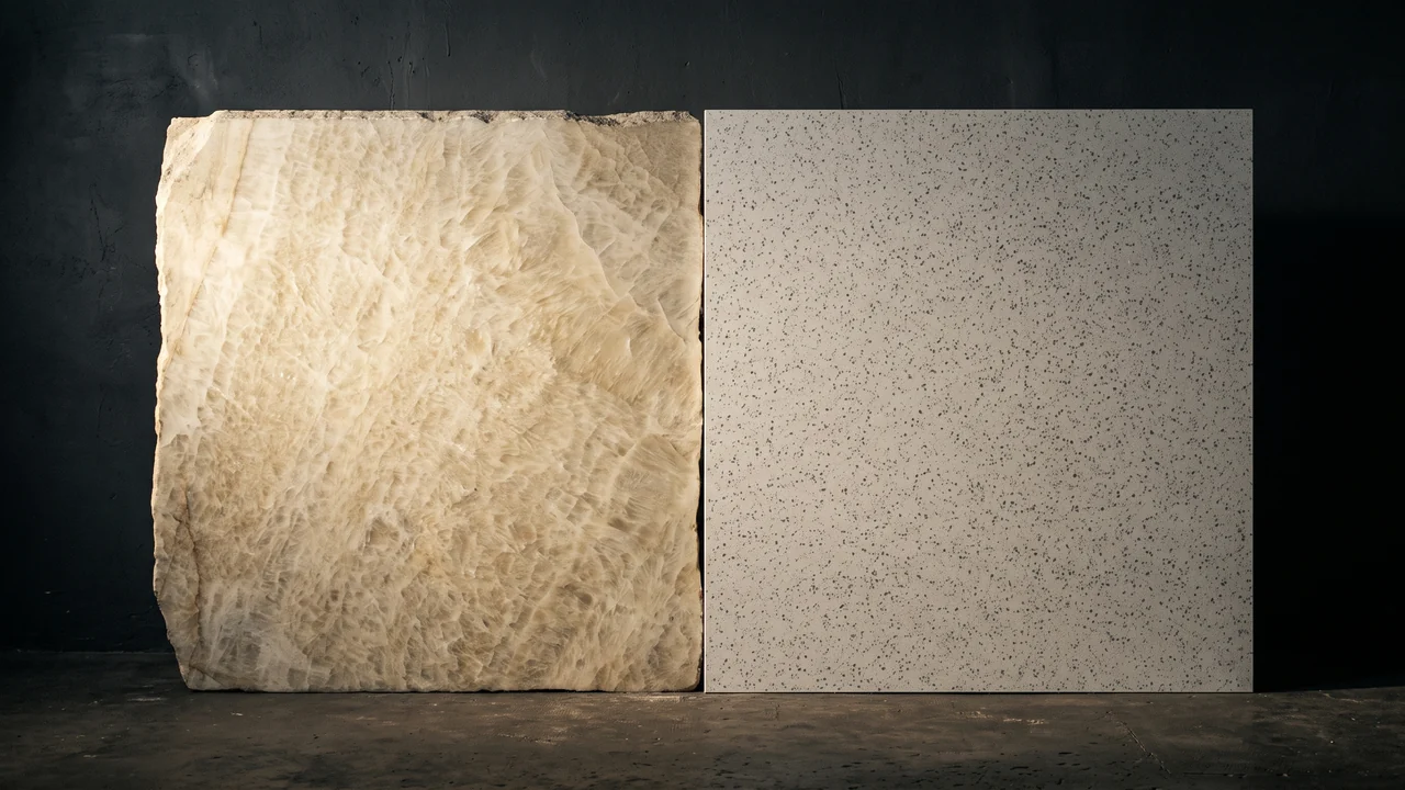 A pale golden quartzite slab lit low against a dark atelier wall, its crystalline grain catching the light
