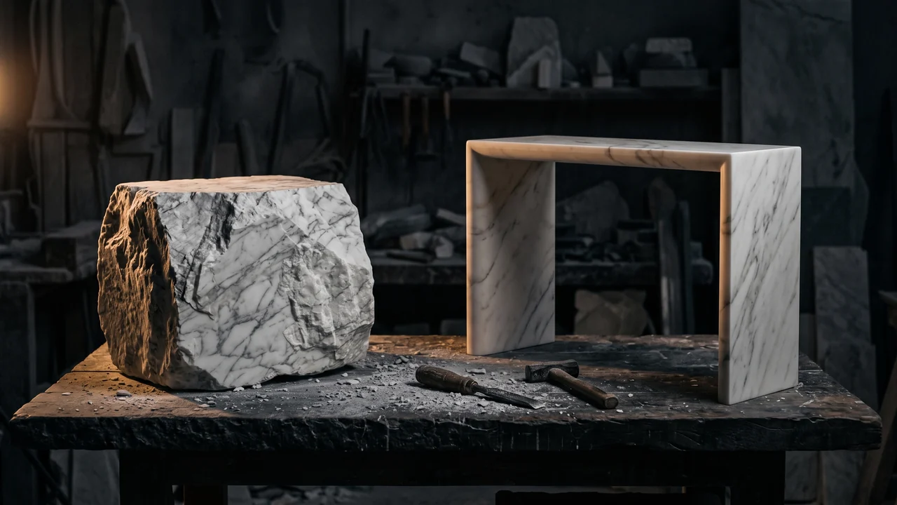 A raw block of Indian marble beside a finished carved console in low atelier light