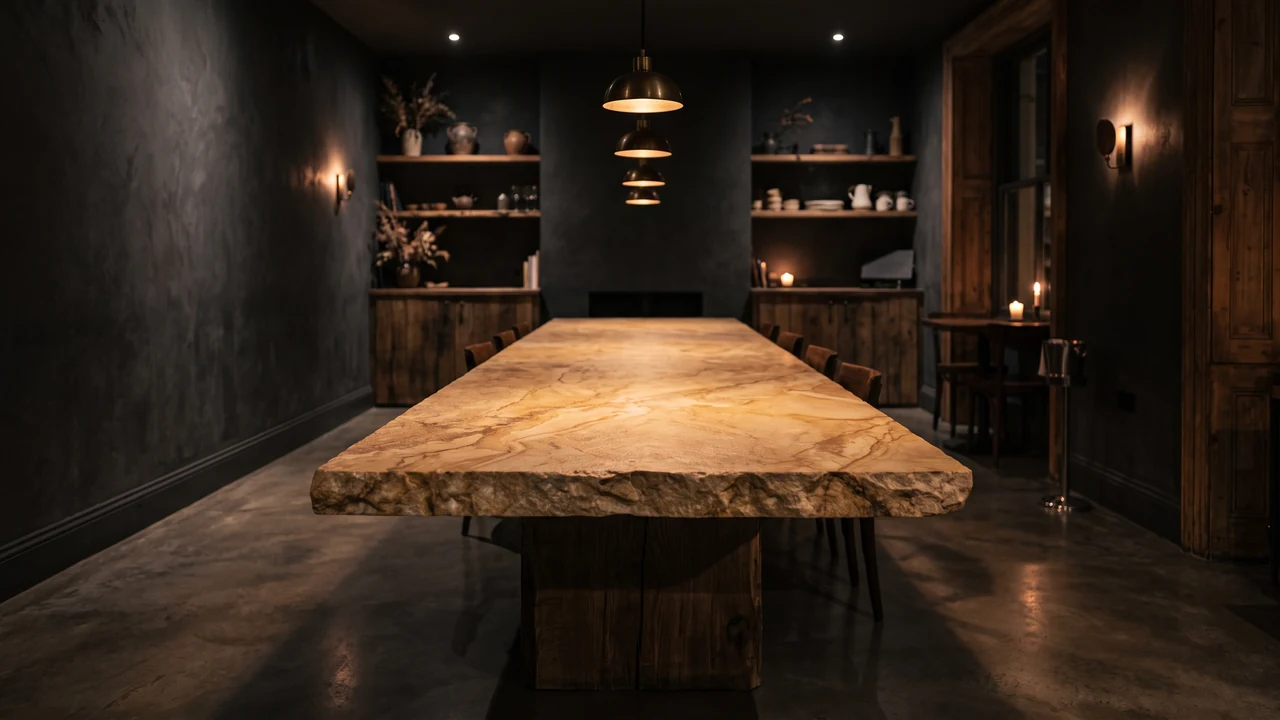 A solid stone dining table lit low in a dark, moody restaurant interior
