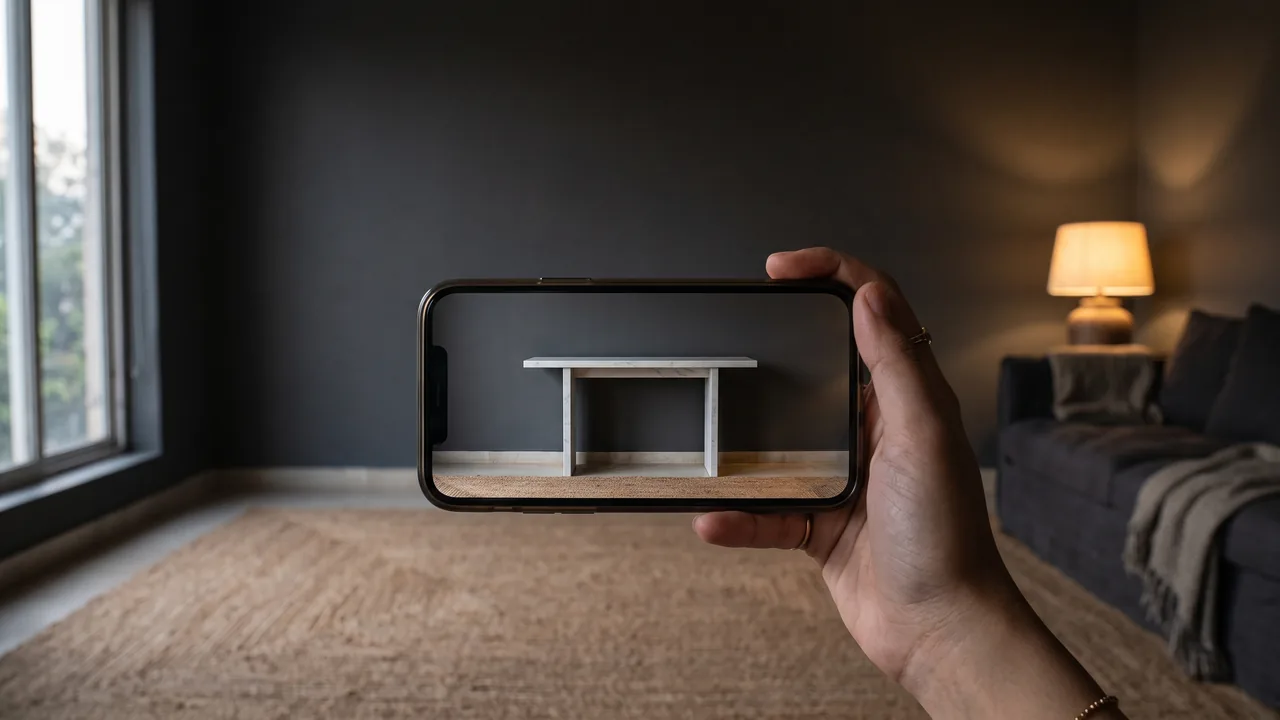 A phone held up in an empty, lamplit Indian living room with a bare charcoal wall and jute rug, its screen showing that same room with a white Indian marble console added against the wall