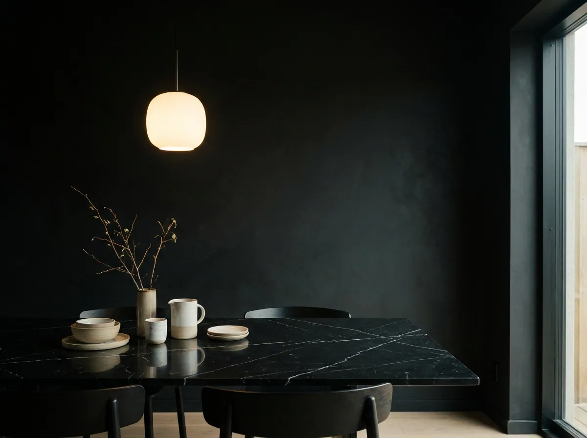 A Bhainslana Black dining table visualised in a dining room